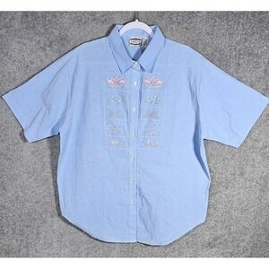 Separate Issue Top Womens 18W Blue Embroidered Bird Floral Button Up Grandmacore